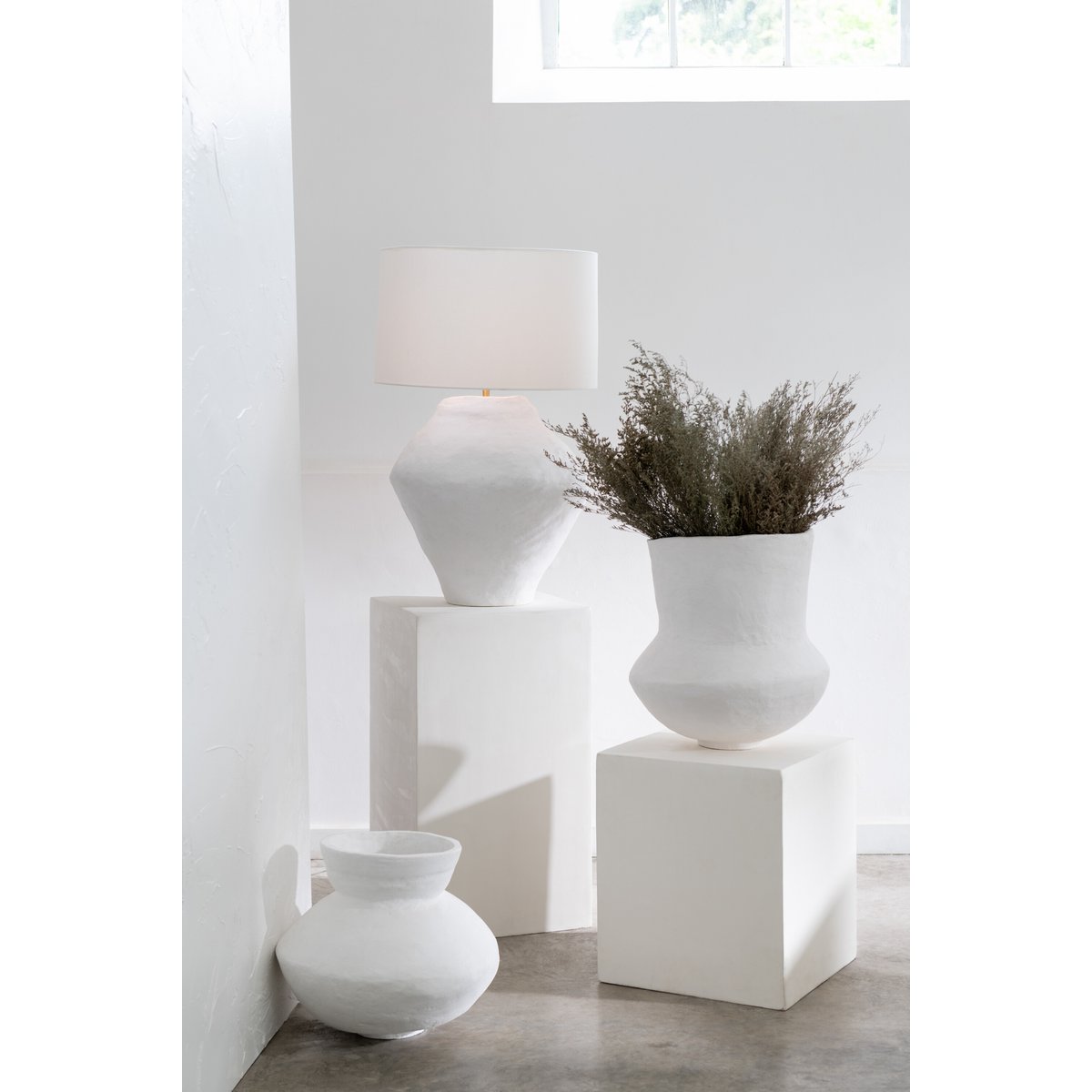 J - Line Lamp + Shade Pot Spinner Paper Mache White - Hometerior - J - Line - J - Line Lamp + Shade Pot Spinner Paper Mache White